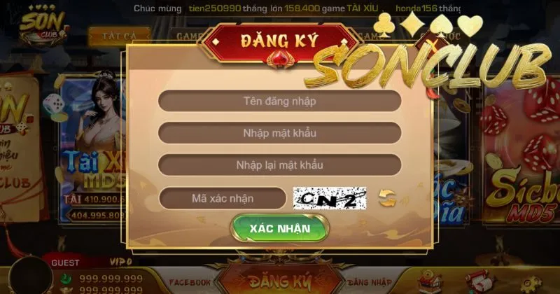 Giao diện đăng ký SonClub